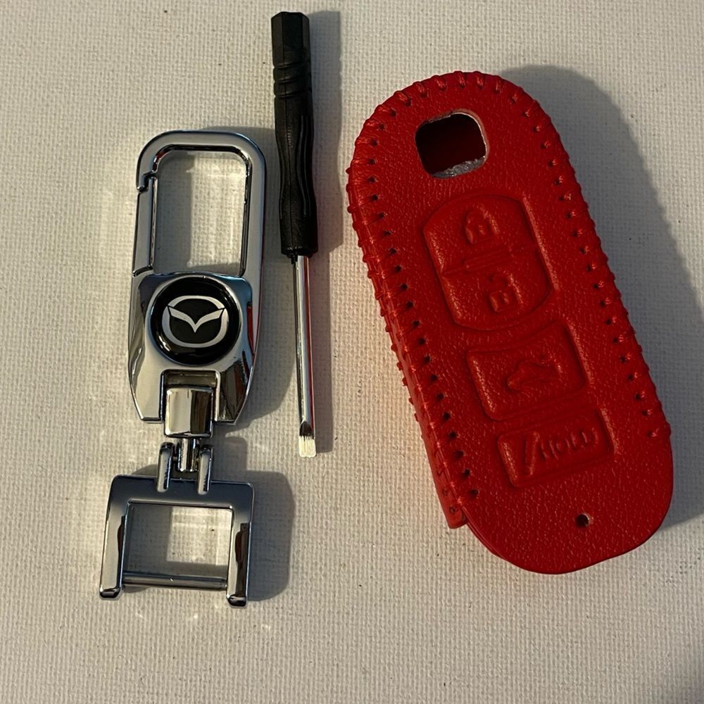 Mazda Key Fob Keychain in metal & Fob Case Cover in Red Leather NWT